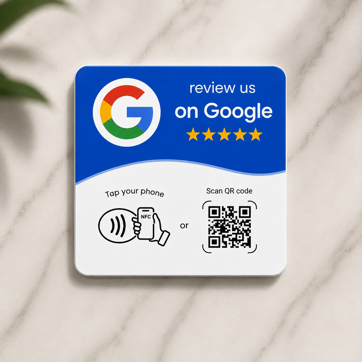 VouchForYa Google Review NFC plaque, front view with NFC tap area and QR code