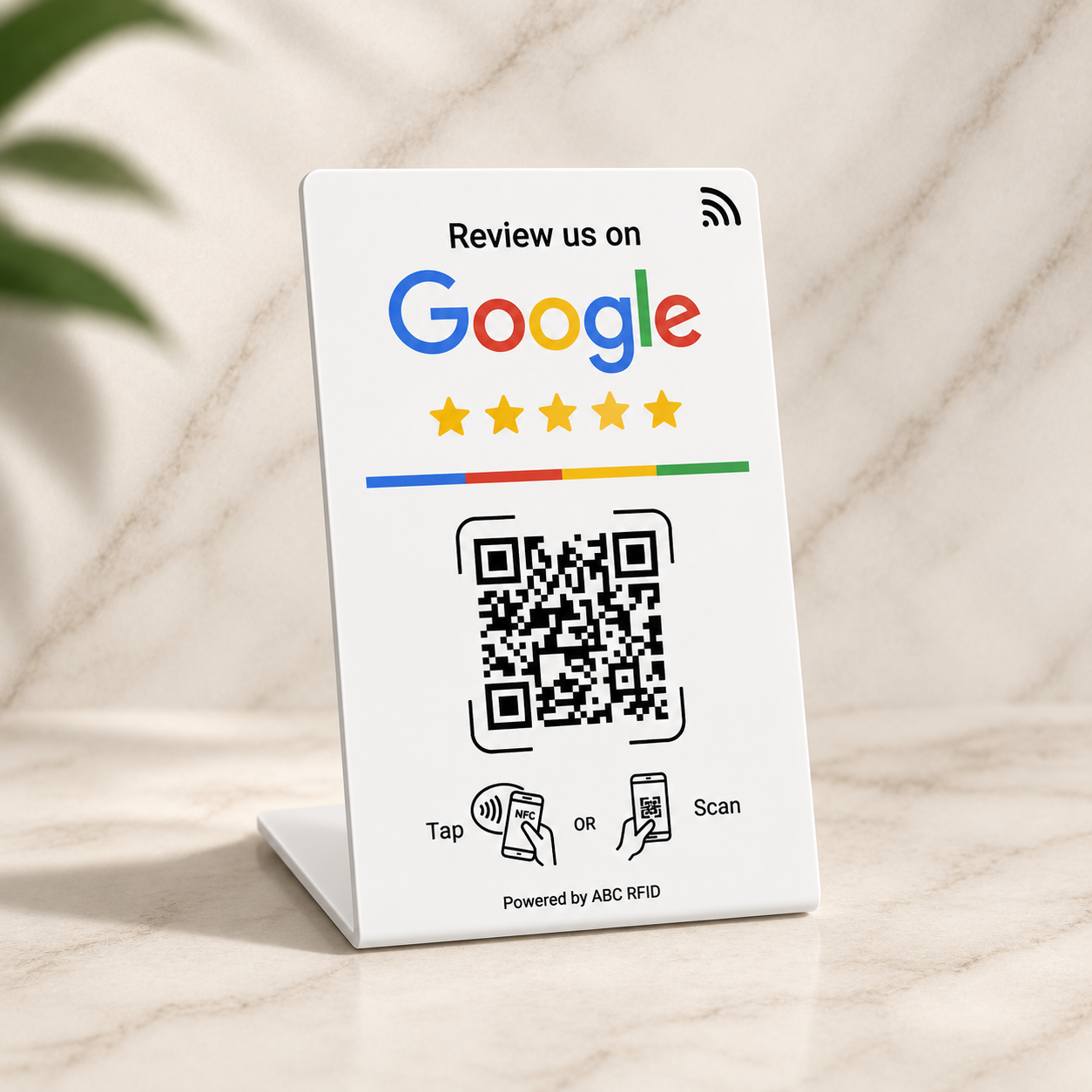 VouchForYa Google Review NFC Stand on a counter, with a QR code and tap area